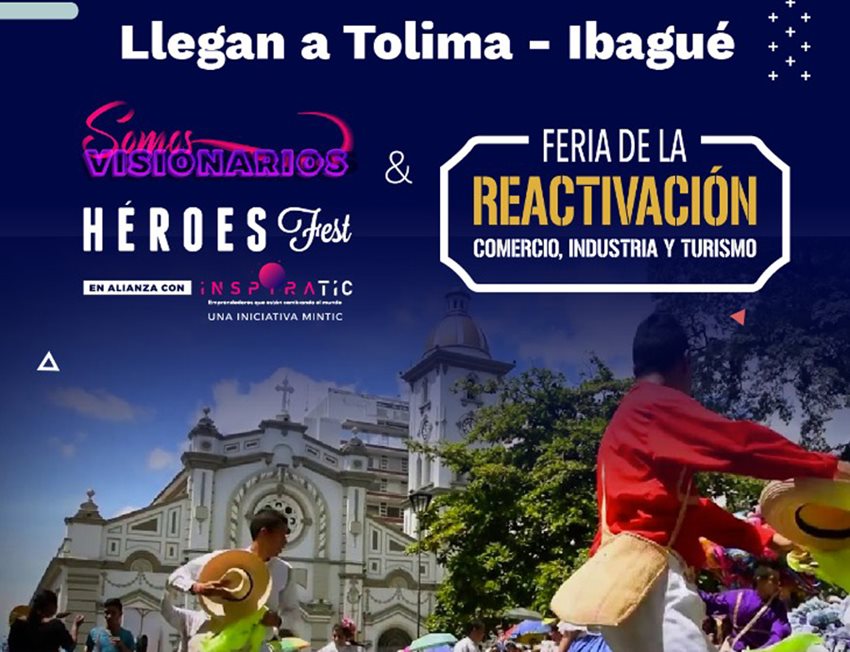 Invitación, diseñada en fondo azul y con logos, a Héroes Fest y la Feria de la Reactivación en Tolima.