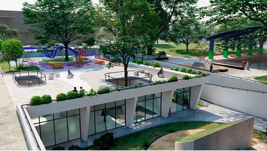 Imagen en 3D de la remodelación de un parque principal.