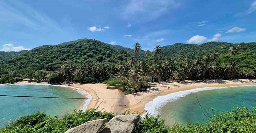 Fotografía panorámica, de día, de una playa rodeada de mar y palmeras.