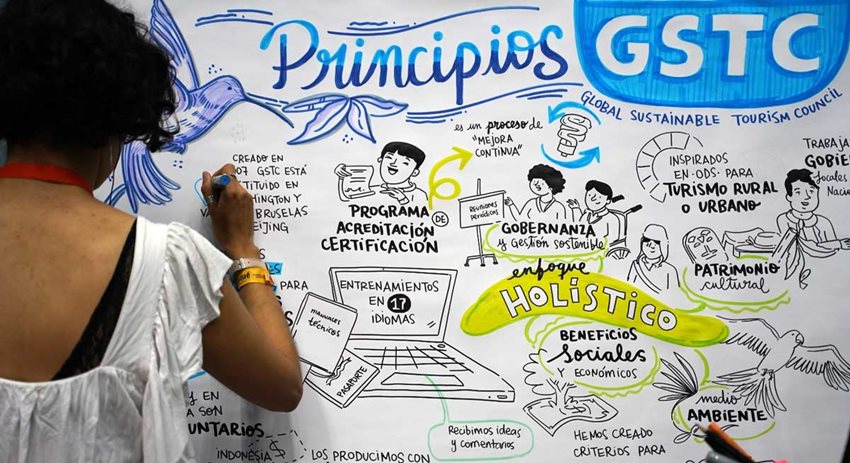 Mujer escribiendo en tablero.