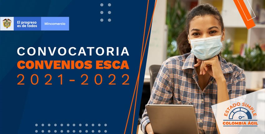 Imagen de mujer con tapabocas y un computador, junto al aviso de Convocatoria Convenios ESCA 2021-2022.