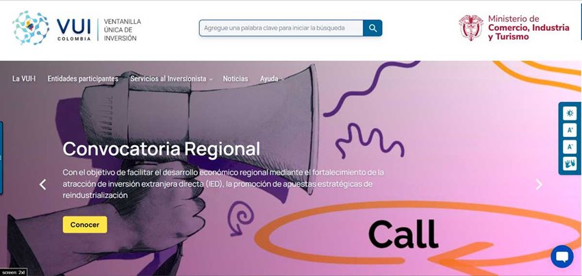 Pantallazo del home de la página de la Ventanilla Única de Inversión (VUI).