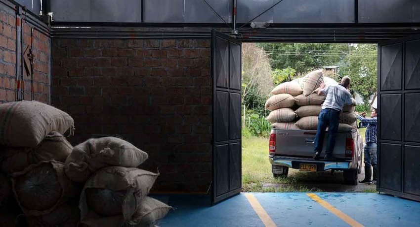 Hombres cargando bultos de café en una camioneta.