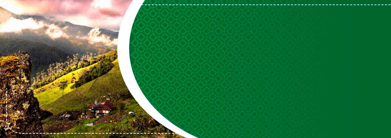 Fondo verde, con una imagen de una paisaje al lado izquierdo.