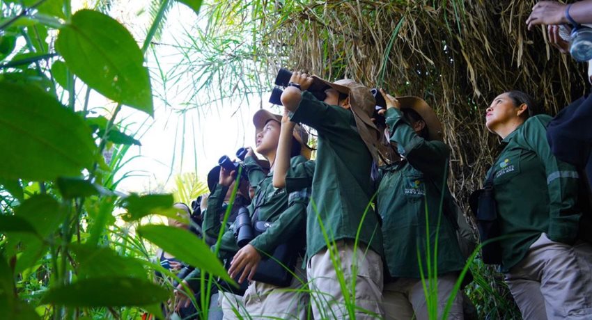 Turistas viendo aves, con binoculares, en selva colombiana.