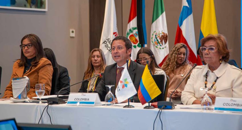 Personas sentadas frente a mesa, exponiendo sus puntos de vista y detrás banderas de países.