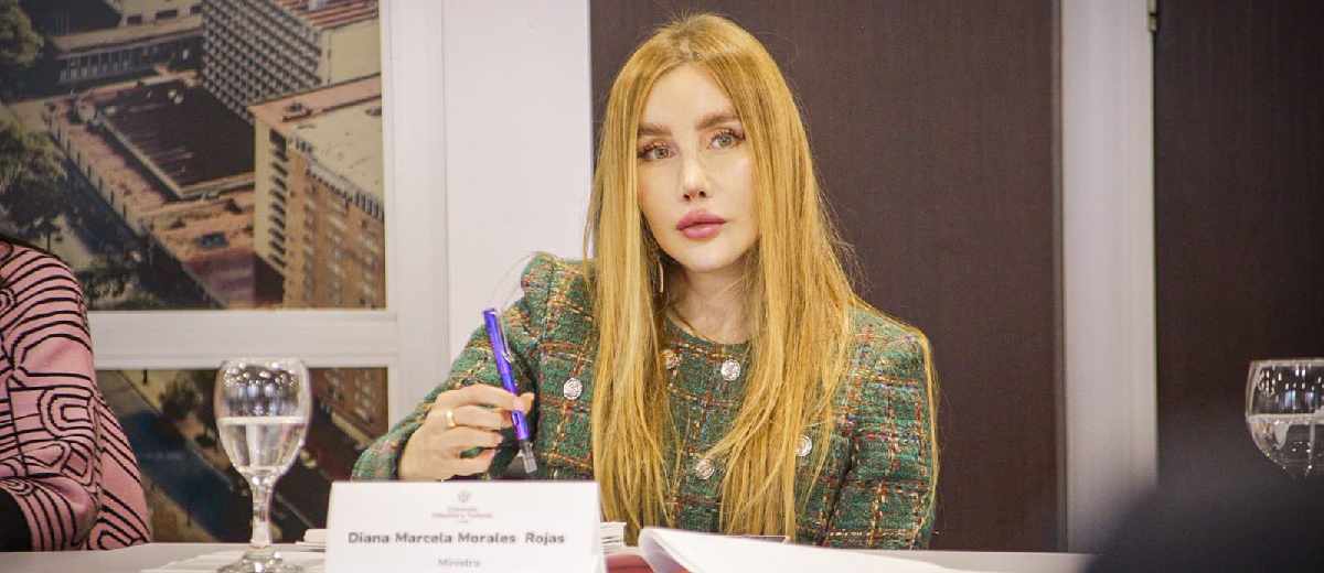 Descripción imagen: Ministra Diana Morales prestando atención en medio de una reunión.