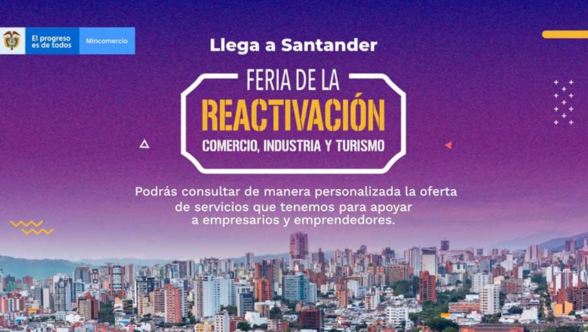 Invitación a la Feria de Reactivación en Santander, con fondo morado y vista panorámica de ciudad.
