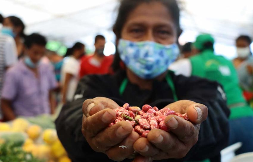 Mujer con granos de café en sus manos.