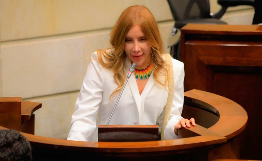Ministra de Comercio, Diana Morales, vestida de hablando y hablando por micrófono en el Congreso.
