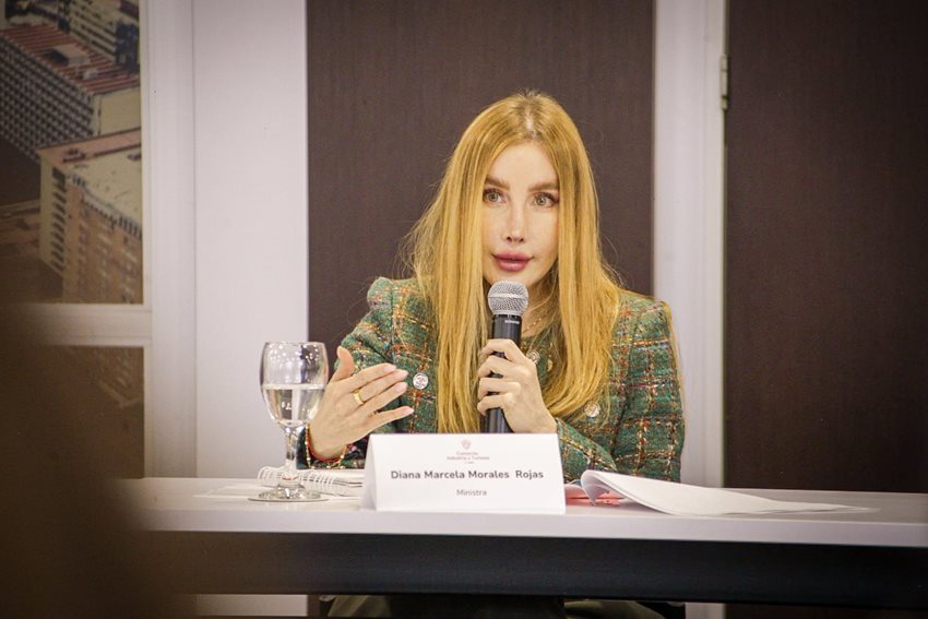 Descripción: Ministra Diana Morales hablando por micrófono, en atril, desde el escenario.