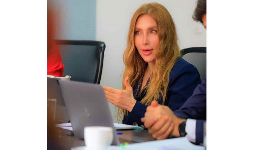 Descripción: Ministra Diana Marcela Morales explicando un tema en medio de una reunión. 