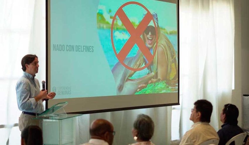 Hombre en atril, con micrófono en la mano, hablando al público sobre una diapositiva de no nadar con delfines.