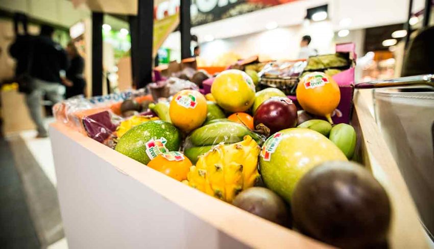 Diferentes frutas expuestas ante el público en un stand.
