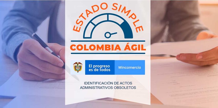 Logo de Estado Simple, Colombia Ágil y de Mincomercio, sobre imagen de manos sosteniendo papel y esfero.