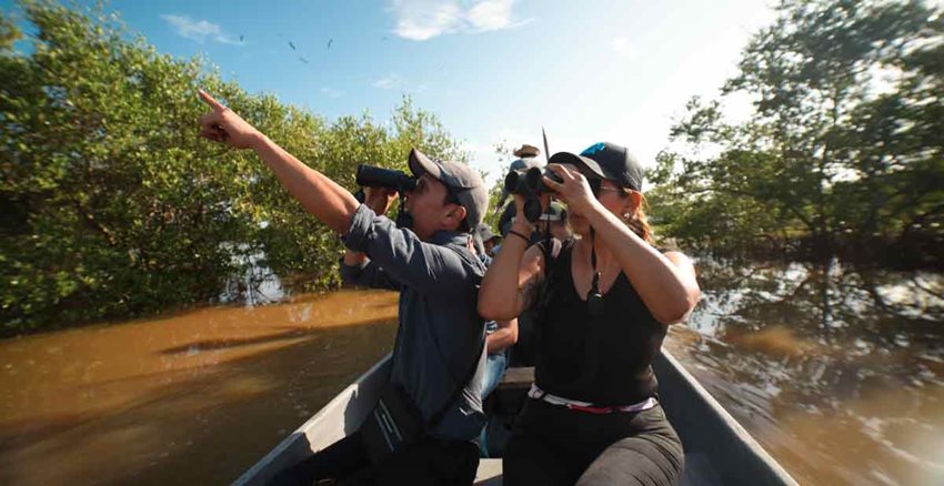 Descripción de la imagen: Personas en lancha, en medio del río, viendo pájaros por medio de binoculares.