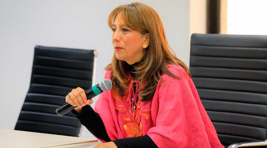 Viceministra de Desarrollo Empresarial, Soraya Caro Vargas, hablando por un micrófono.