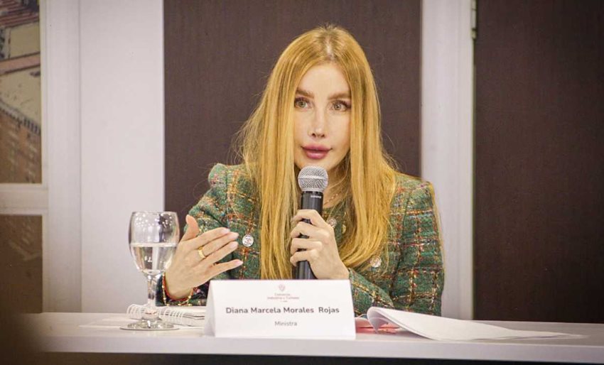 Ministra Diana Morales hablando por micrófono desde una mesa en donde está sentada.