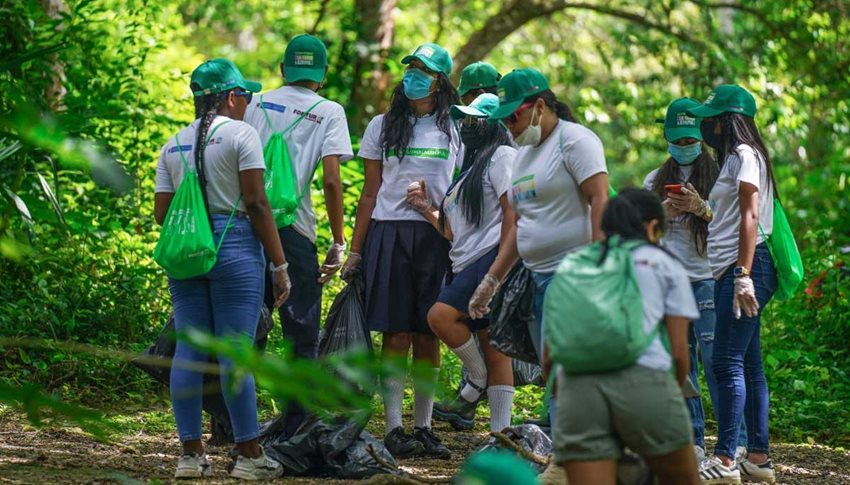 Jóvenes con camisas blancas y gorras verdes de Colombia Limpia, en medio del bosque, recogiendo basuras.