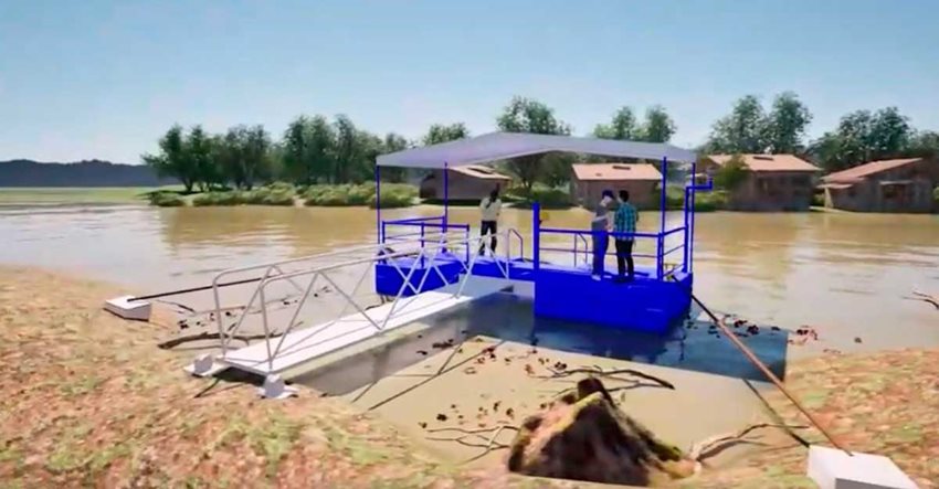 Imagen del prototipo del diseño de embarcaderos, de tono azul y en medio del río.