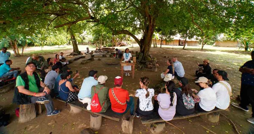 Personas reunidas alrededor de una mujer, ubicados debajo de un árbol.