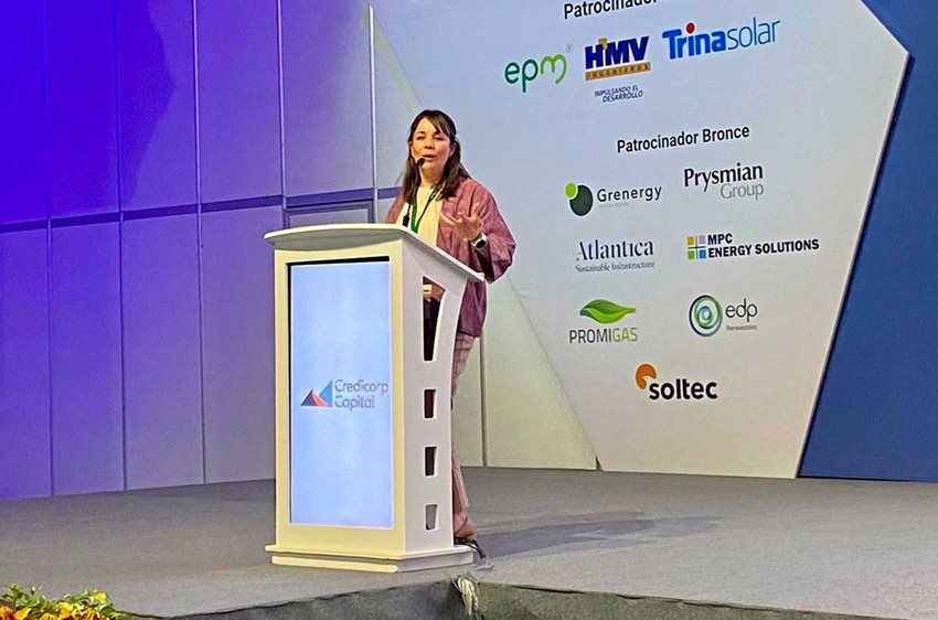 Mujer en una tarima hablando frente a un micrófono, al fondo se ven logos de varias entidades.