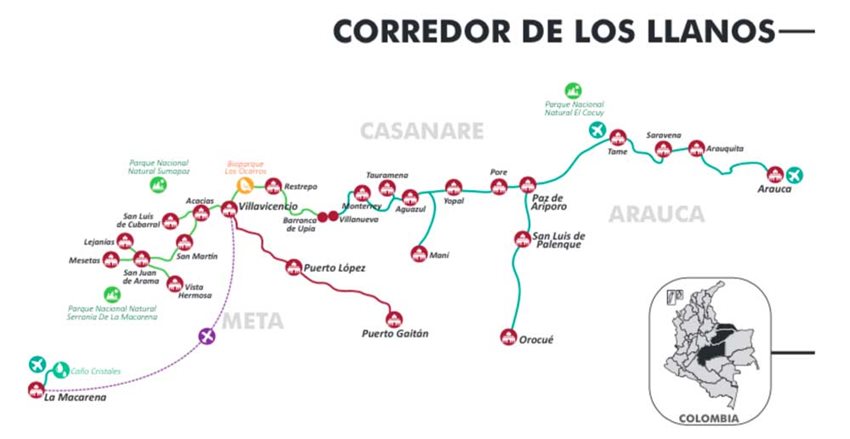 El corredor goza de reconocimiento mundial por sus majestuosos ríos entre ellos el “Río de cinco colores”.