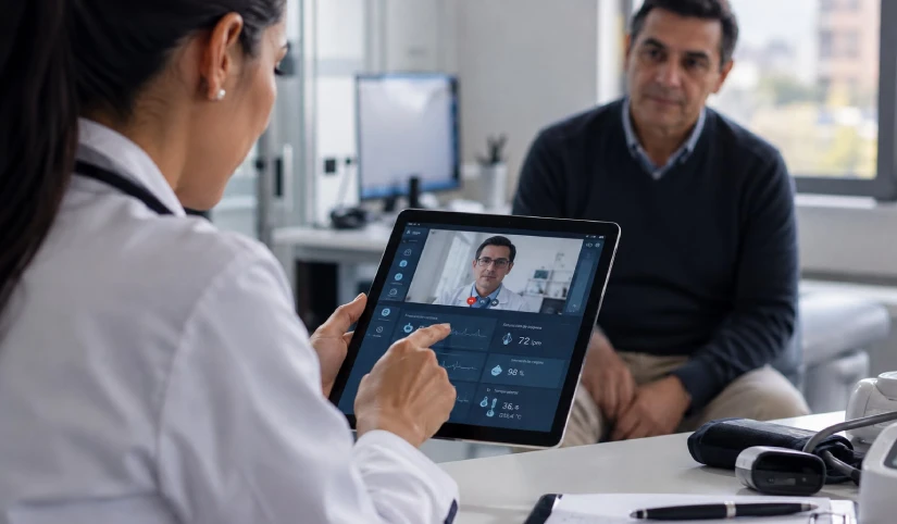 Doctora examinando a paciente hombre mientras mira la información en la tablet. - Colombia busca atraer inversión en salud digital y acercar la atención a las regiones de la Patria Milagro