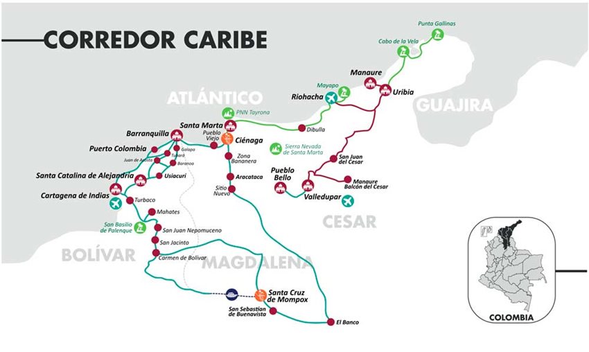 En este corredor se encuentran Barranquilla, Cartagena y sus islas, Riohacha, Santa Marta y Valledupar.