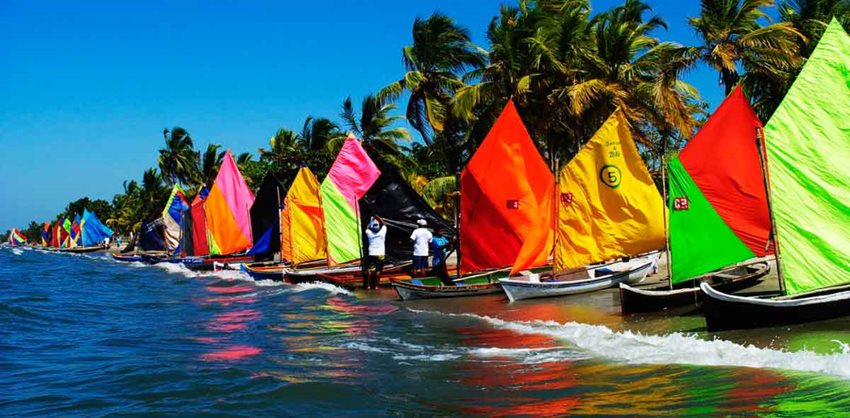 Lanchas con banderas de colores, estacionadas en la orilla del mar.