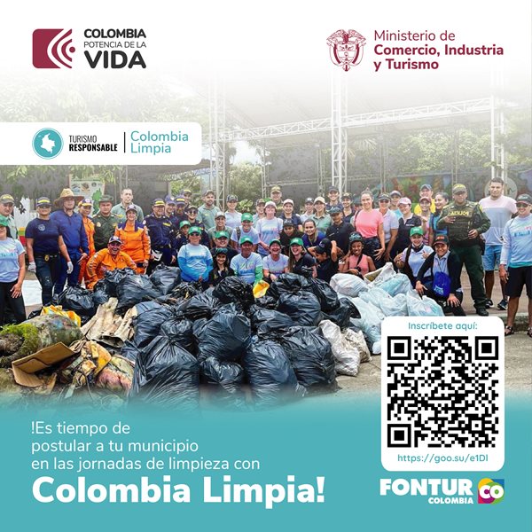Pieza publicitaria de jornada de Colombia Limpia 2023, acompañada de logos de Gobierno y fotografía de personas durante evento de recolección de residuos.